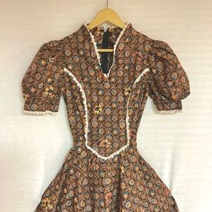 Vintage 70s Homemade Prairie Mini Dress Autumn Colors